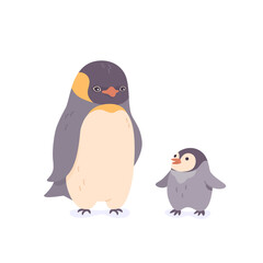 Fototapeta premium Penguin with baby in north pole vector illustration isolated on white. Cartoon cute nature winter polar animals. Global climate warming problem