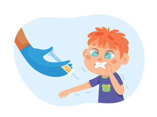 Kids fears vector illustration. Children afraid of vaccinations. Scared crying boy vaccinated in hospital. Childish phobia. Trypanophobia. Frightened cartoon male character. Kid psychologic support