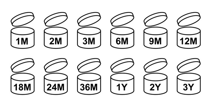 PAO icons set vector illustration. Abstract isolated line symbols collection, period after and open for package of cosmetics, makeup and cream, validity period of life product in months and years