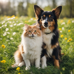 A dog and a cat are laying together in the grass.
