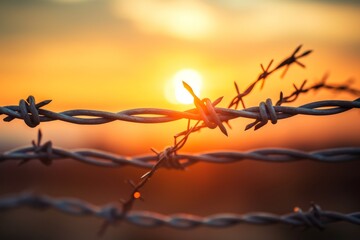 Barbed wire fence for intruder prevention, anti-refugee group control in prison security concept