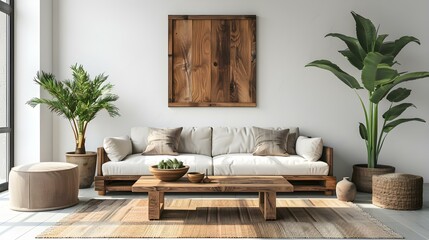 Mockup of Scandinavian living room with wood furniture against white wall. Concept Scandinavian Interior Design, Wood Furniture, White Wall, Living Room Mockup, Home Decor