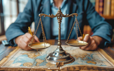 Scales of justice on world map with lawyer in background - obrazy, fototapety, plakaty