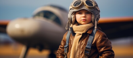 A young boy, blonde and serious, is wearing a pilots helmet and goggles. He looks determined and focused, dreaming of becoming a pilot. In the background is an airport landing runway. - obrazy, fototapety, plakaty
