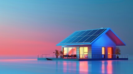 Blue print of smart home with solar panels rooftop system for renewable energy concepts as wide banner with copy space area.
