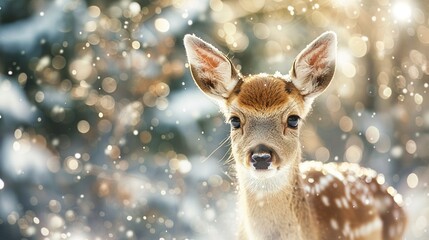 White-tailed cute baby deer in winter snowy forest, copy space for text, Horizontal Christmas season cards background.