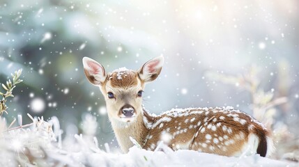 White-tailed cute baby deer in winter snowy forest, copy space for text, Horizontal Christmas season cards background.