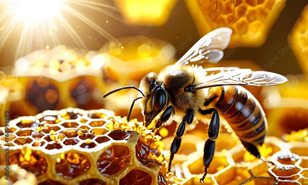 Poster sunlight filters through the hive, casting a warm glow over a bee as it navigates the honey-laden co