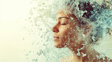 Side view of an ethereal woman's face amidst a dynamic explosion of water droplets, capturing a moment of stillness