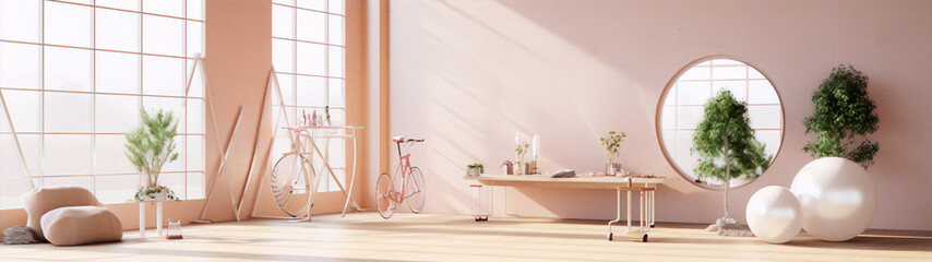 3d illustration of a bicycle and plants in a pink room with large windows in the background