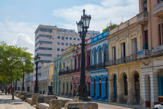 Historic buildings on Paseo del Prado between Calle Genios and Refugio Street in Old Havana (La Habana Vieja), Cuba. Old Havana is a World Heritage Site. 