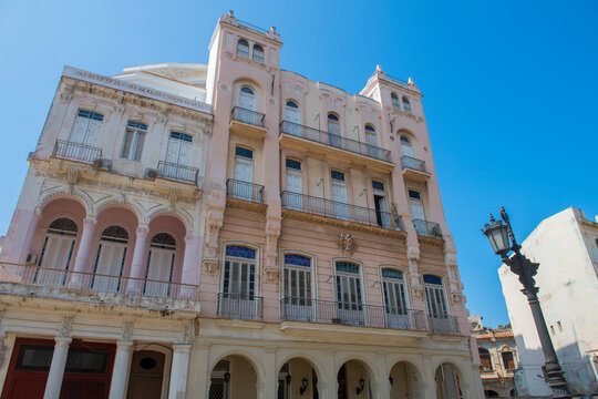 Historic buildings on Paseo del Prado between Calle Genios and Refugio Street in Old Havana (La Habana Vieja), Cuba. Old Havana is a World Heritage Site. 