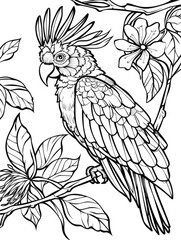 A black and white drawing of a parrot on a branch, coloring book for kids.