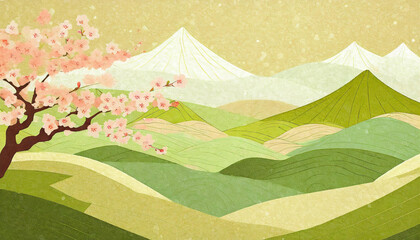 富士山と桜の抹茶イメージの風景イラスト