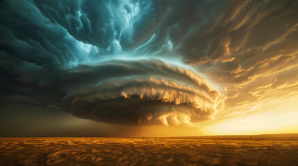 A supercell thunderstorm forming over the Great Plains with a clear view of its rotating mesocyclone.
