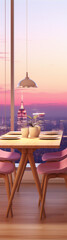 Pink and white modern dining room interior with Empire State Building view at sunset 3D illustration