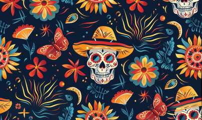 colorful dia de los muertos seamless pattern with sugar skulls and floral elements