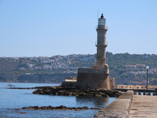 Beautiful view of the lighthouse and the Mediterranean sea in Chania on the island of Crete in Greece.