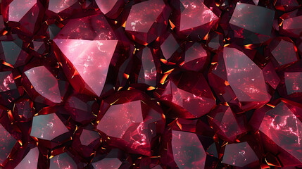 An abstract and seamless pattern featuring glossy dark red crystal stones resembling red rubies, designed for use as backgrounds, banners, and tiles
