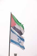 Two flags are flying side by side on a pole
