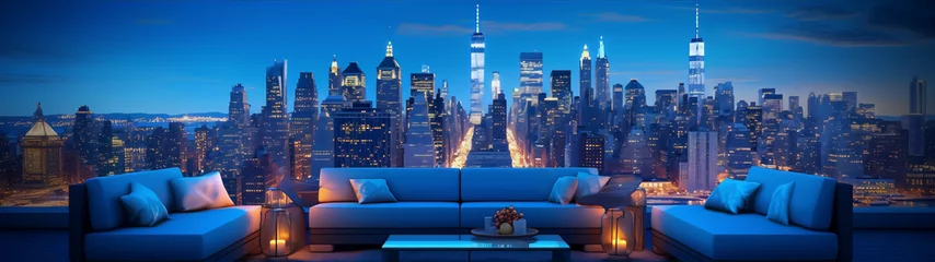Fotobehang Cityscape of New York City with modern rooftop terrace at night in blue colors © camelia