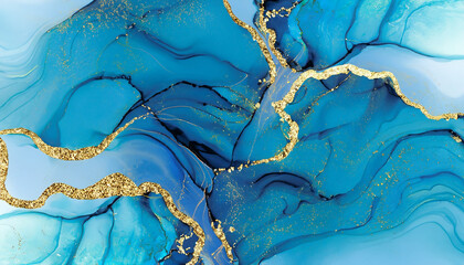 Blue gold marble background. abstract alcohol ink.