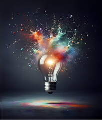 A radiant light bulb sits at the center of an explosion of vibrant colors, symbolizing the birth of new ideas and the spark of creativity.  - obrazy, fototapety, plakaty