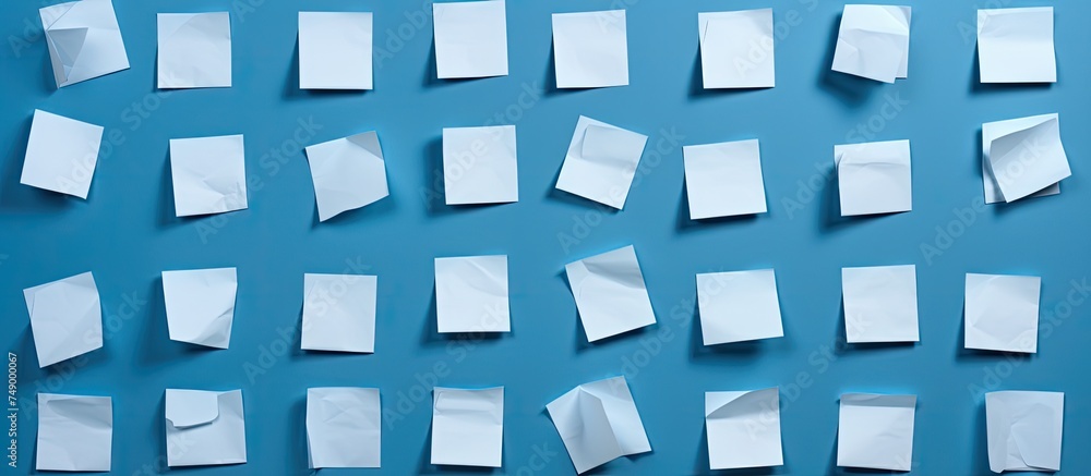 Poster a top view of numerous pieces of paper scattered across a blue surface. the papers are varied in siz