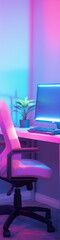 An empty pink and blue neon lit gaming room with a computer, keyboard and plant. - obrazy, fototapety, plakaty