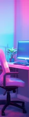Fotobehang An empty pink and blue neon lit gaming room with a computer, keyboard and plant. © camelia
