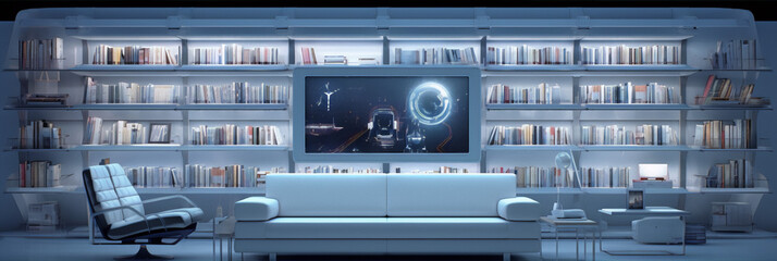 Futuristic library interior with large bookshelves, sofa, and holographic display.
