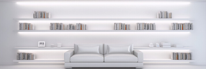 3D rendering of a modern living room interior with white walls and furniture, decorated with books and plants