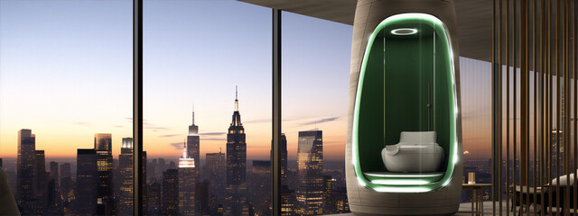 Futuristic New York city apartment interior with panoramic windows and a cozy green pod chair - obrazy, fototapety, plakaty