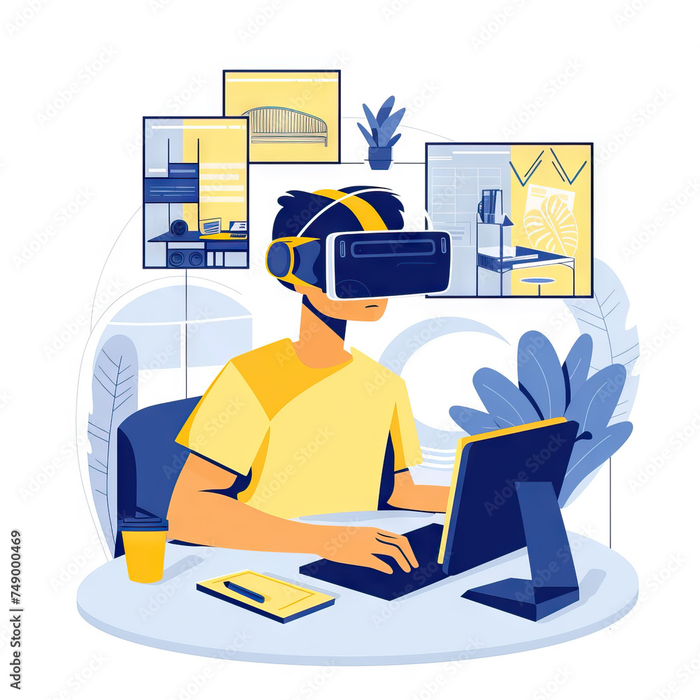 Poster virtual reality architect designing immersive environments - vr studio. vector icon illustration. jo