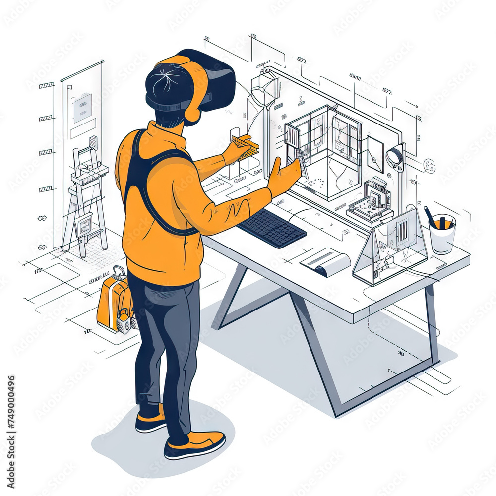 Poster virtual reality architect designing immersive environments - vr studio. vector icon illustration. jo