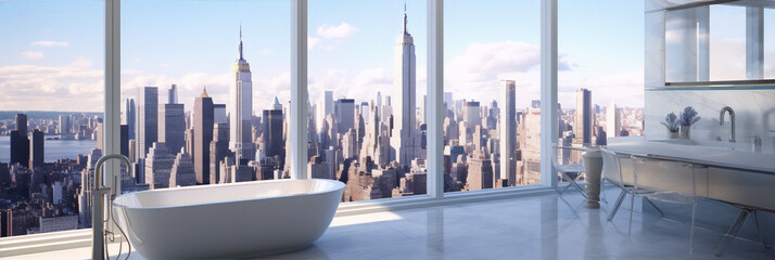 Cityscape, interior, bathtub, New York, modern, luxury, minimalism, white, blue, gray - obrazy, fototapety, plakaty