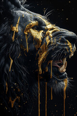 Regal Darkness: Majestic Black Lion with Golden Highlights Immersed in Shadowy Elegance