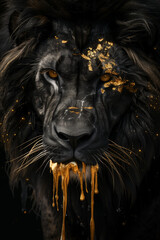 Regal Darkness: Majestic Black Lion with Golden Highlights Immersed in Shadowy Elegance