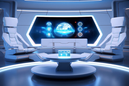 Futuristic spaceship interior bridge with control panels and chairs in white and blue colors