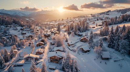 A sweeping aerial panorama of a snow-covered mountain village at dawn. - obrazy, fototapety, plakaty