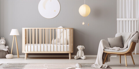 3D rendering of a minimalist nursery with a wooden crib, a gray armchair, and a white lamp. - obrazy, fototapety, plakaty