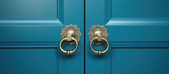 A detailed view of a golden wardrobe door handle attached to a vibrant blue door. The handle is in focus, showcasing intricate details and craftsmanship against the striking blue background.