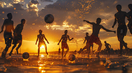 A thrilling game of beach soccer at sunset during a summer festival.