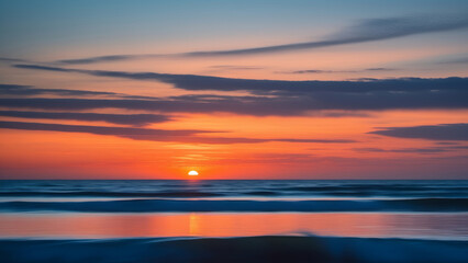 A tranquil ocean scene at dusk, showing the pulsating interplay of blues and oranges on the horizon and gently moving waves, aesthetical minimal composition
