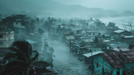 A typhoon making landfall on a coastal town with violent winds and heavy rainfall. - obrazy, fototapety, plakaty