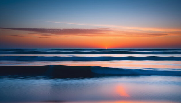 A tranquil ocean scene at dusk, showing the pulsating interplay of blues and oranges on the horizon and gently moving waves, aesthetical minimal composition