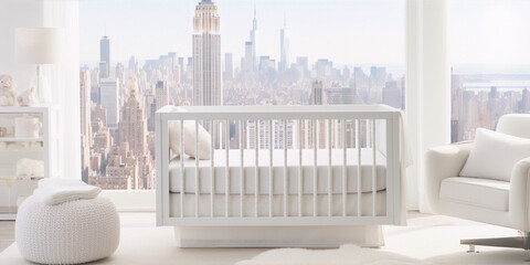 Nursery with a modern crib and a view of the city, featuring shades of white and neutral colors. - obrazy, fototapety, plakaty