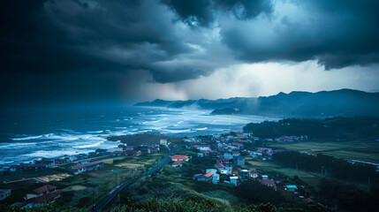 Naklejka na ściany i meble A typhoon making landfall on a coastal town with violent winds and heavy rainfall.
