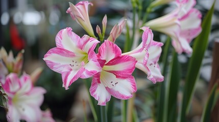 Vibrant Pink and White Amaryllis Flowers in Bloom