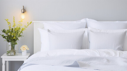 White bedding with yellow flowers in vase on white table next to bed against white wall with light fixture. - obrazy, fototapety, plakaty